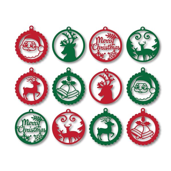 eCraftIndia Red Green Santa Claus Reindeer Merry Christmas Decor Hanging Bells Snowflake Xmas Tree Wooden Cutout Christmas Tree Decoration Items (Set of 12) Gifts for Women Men Family Friend