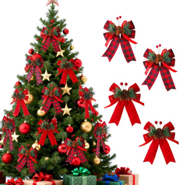 4Pcs Christmas Tree Decorations Bows, Christmas Hanging Ornament Set Suitable for Xmas Home Decor Tree Hanging