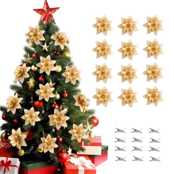 12Pcs Gold Christmas Poinsettias Flowers Decoration Artificial Flowers for Xmas Tree Ornaments Suitable for Home Wreath Making Christmas Decorations Xmas Tree Decorations Items