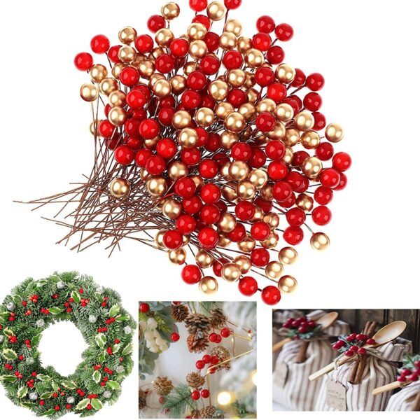 Ascension 100 Pcs Red Golden Christmas Berries for Xmas Tree Decoration, Wreath Making, DIY Craft & Decoration Item