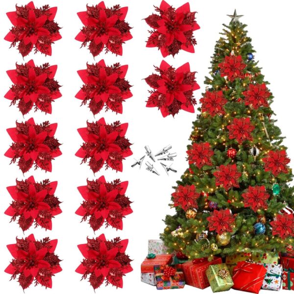 12Pcs Red Christmas Poinsettias Flowers Decoration Artificial Flowers for Christmas Tree Ornaments Suitable for Home Christmas Decorations Xmas Tree Decorations Items Wreath Making