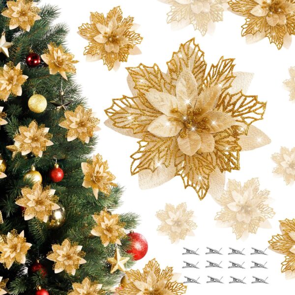 12Pcs Gold Christmas Poinsettias Flowers Decoration Artificial Flowers for Christmas Tree Ornaments Suitable for Home Wreath Making Christmas Decorations Xmas Tree Decorations Items