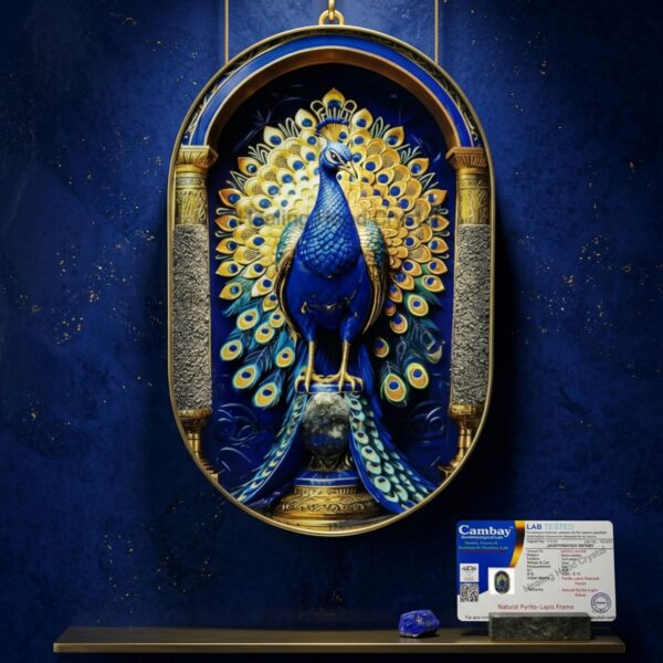 Certified Pyrite Lapis Peacock Frame | 30x20cm Crystal Stone Decorative Wall Frame | Vastu & Feng Shui Lucky Peacock Art | Luxury Healing Crystal Home Decor | Wealth, Prosperity & Positive Energy Gift Item