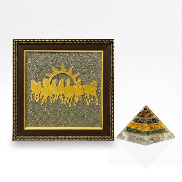 Arden 7 Horses on Raw Pyrite Frame & DHAN YOG Pyramid Combo | Pyrite Stone Frame for Success & Fame | Money Magnet Wealth Prosperity I Tiger Eye, Pyrite, Citrine, Green Jade, Selenite Pyramid I Vastu Items for Money Attraction |