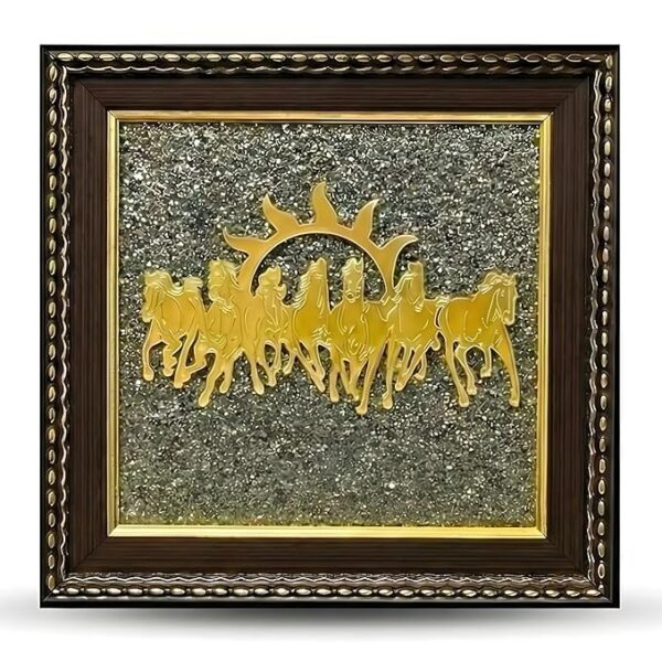 Weriponila 7 Horses Wall Decor on Raw Pyrite Frame - Seven Horses with Sun for Money Success, Protection & Chakra Healing - Wooden Photo Frame Vastu & Feng Shui for Home & Office, 7 Inch
