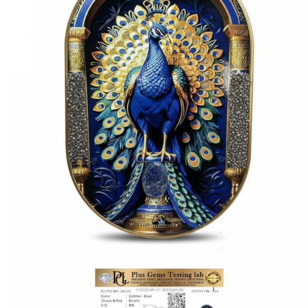 EARTHMINED CRYSTALS Lucky Peacock Pyrite-lapis Frame with Natural Lapis Lazuli Palmstone - 8X12 Inch - Lab Certified Vastu Wall Decor for Wealth, Prosperity & Good Luck - Golden Money Magnet Art for Home & Office