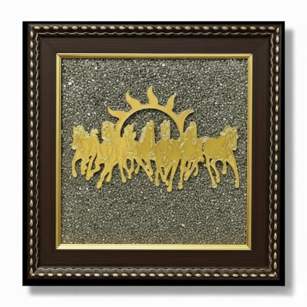 Real Crystal Running 7 Horses on Raw Pyrite Frame with Sun (Seven Horse Vastu) | Decor for Career Growth, Business Success & Speed | Money Magnet Art for Office & Home (Size: 7 * 7 Inch)