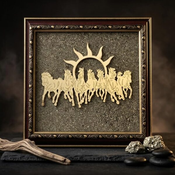 A-One Crystal 7 Horses on Raw Pyrite Frame with Sun | Premium Seven Horses Wall Decor for Home & Office | Original Pyrite Seven Horse with Sun Vastu Frame | Prosperity Decor (19x19 cm)