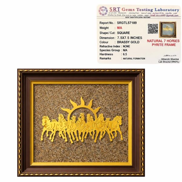 OCA Certified Natural Pyrite Stone Frame with Seven Running Horses & Sun | 7 Running Horses with Sun On Raw Pyrite Frame For Attract Money | Success, Protection & Healing | Wooden Photo Frame for Home Decor, Wall Decor, Office Decor & Living Room | Size 7*7 Inch