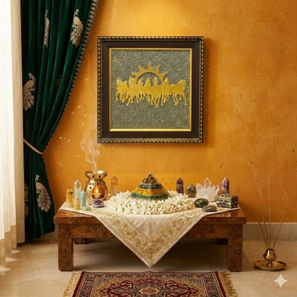 Pyrite Seven Running Horses with Rising Sun Wall Big Frame 12x 18 inch | Vastu Wealth & Success Decor | Feng Shui Lucky Horse Painting for Home & Office India (Pyrite 7 Runnging Horses With Sun)