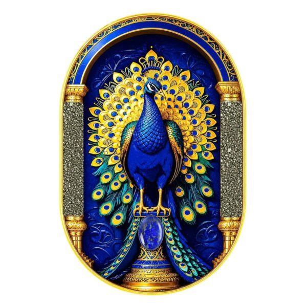 Original Pyrite & Lapis Lazuli Peacock Frame | Luxurious Crystal Peacock Wall Art | Certified Lapis Lazuli & Pyrite Stone Frame for Home, Office & Gifting | 29 × 19 cm