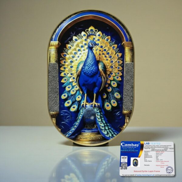 Certified Pyrite & Lapis Peacock Crystal Frame | Vastu Lucky Home & Office Decor | Handcrafted Wall & Table Art | Positive Energy Gift for Diwali & Housewarming (12Inch, 300g)