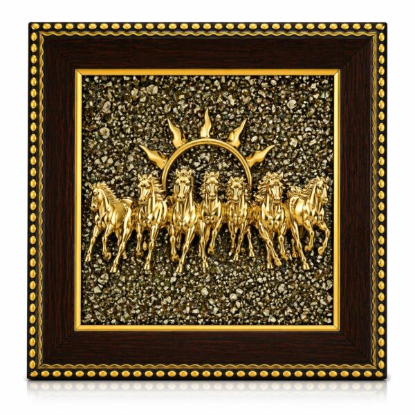 EverMineCrystal Money Attraction Wall Decor 7 Running Horses with Sun Pyrite Frame for Wealth, Success & Protection | Powerful Vastu Item for Home, Office & Business Growth | Lucky Gift