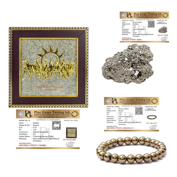 EverMineCrystal Wealth Attraction Pyrite Combo – 7 Horses on Raw Pyrite Frame + Pyrite Stone Original Cluster + Raw Pyrite Bracelet | Vastu items & Prosperity Gift Set for Home & Office | Lab Certified