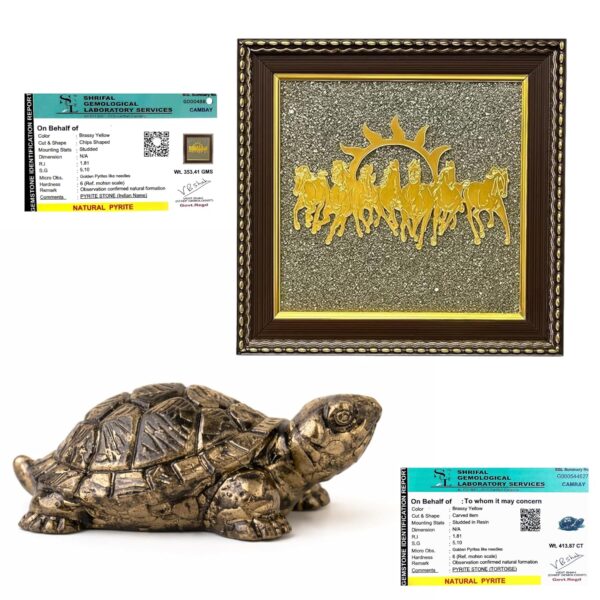 Pyrite Tortoise Original Certified with Seven Running Horses on Raw Pyrite Frame | Vastu Items for Home & Office | Wealth, Money & Success Attraction | Good Luck Feng Shui Combo for Business Growth