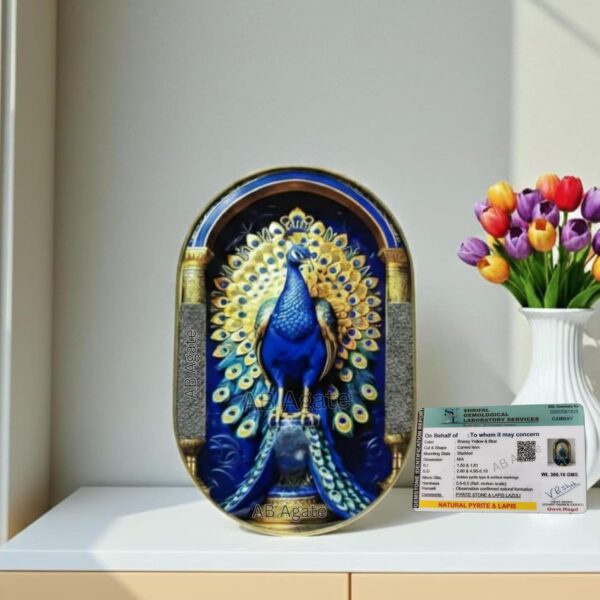 Natural Certified Pyrite & Lapis Lazuli Peacock Crystal Frame 12 Inch – Handcrafted Luxury Vastu Feng Shui Wall & Table Decor for Home Office | Positive Energy Wealth & Prosperity Gift (300g)