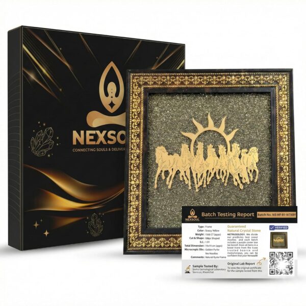 Nexsoul 7 Horses on Raw Pyrite Frame with Sun | Original Golden Pyrite Stone Vastu Seven Running Horses Painting | Wall Decor for Money Attraction, Wealth & Success | Showpiece for Living Room & Office | 19 x 19 cm