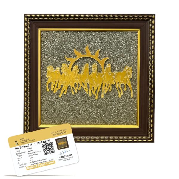 JD FRESH Original Certified Pyrite Stone Frame with Vaastu Seven Running Horses/Wooden Photo Frame/Wall Hanging Photo Frame/Vaastu Wealth Symbol for Money, Wealth, Protection & Chakra Healing
