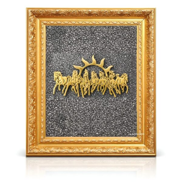 7 Running Horses on Raw Pyrite Stone Frame | 13×11 Inch Big Size Premium Gold Finish Wall Decor | Symbol of Wealth, Success & Growth | Vastu Decor for Home, Office & Gift