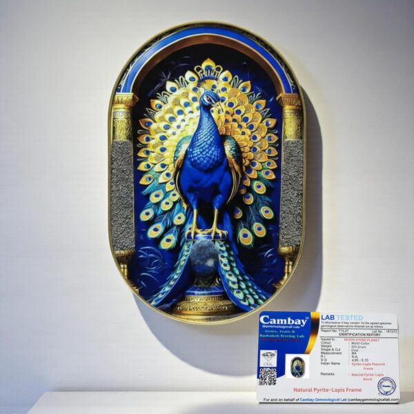 Certified Natural Pyrite Lapis Peacock Crystal Art Wall Frame | 12 Inch Handcrafted Luxury Wall Decor for Home Office Vastu Positive Energy Feng Shui Healing Crystal Gift Gemstone Decorative Frame 300g