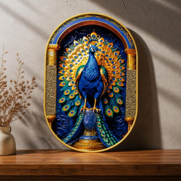 Pyrite Lapis Lazuli Peacock Wall Frame | 30x20cm Vastu Crystal Art Decor for Home & Office | Luxury Gemstone Peacock Painting | Positive Energy Wall Hanging Gift for Living Room Bedroom