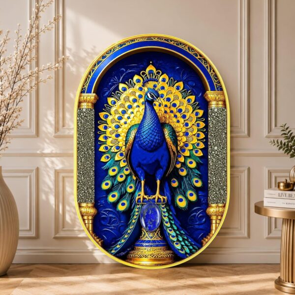 Natural Pyrite & Lapis Lazuli Peacock Frame | Luxurious Crystal Peacock Wall Art | Certified Lapis Lazuli & Pyrite Stone Frame for Home, Office & Gifting | 29×19 cm