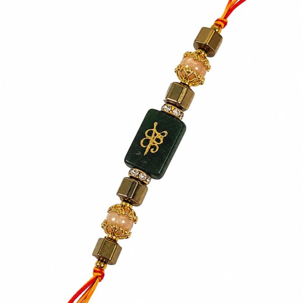 Money Growth Crystal Rakhi for Brother | Pyrite, Green Jade & Citrine with Zibu Symbol | Business & Prosperity Crystal Rakhi | Raksha Bandhan Gift for Brother | RK Healing Crystals