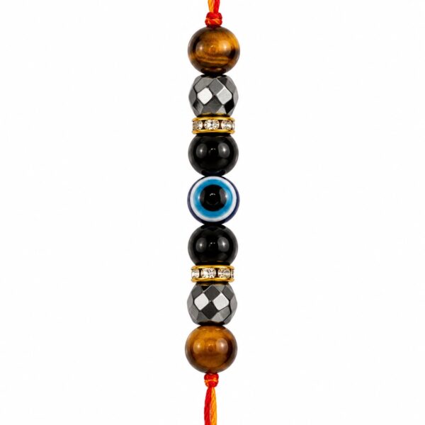 Triple Protection Crystal Rakhi for Brother | Handmade Natural Pyrite, Tiger Eye & Evil Eye Beads | Raksha Bandhan Gift | RK Healing Crystals