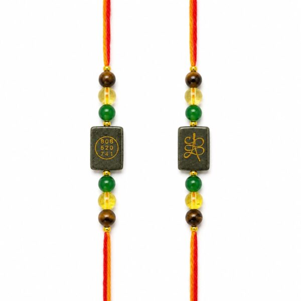 Pyrite Crystal Rakhi for Brother | Engraved Pyrite Stone with Natural Gemstone Beads | Handmade Healing Crystal Rakhi | Adjustable Red Yellow Thread | Raksha Bandhan Gift