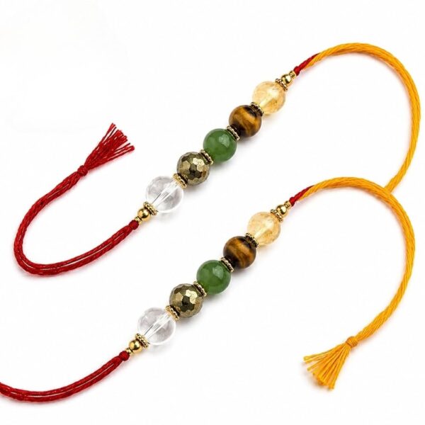 Dhan YOG Rakhi for Brother – Citrine, Jade, Tiger Eye & Pyrite Crystal Rakhi for Wealth & Prosperity | Raksha Bandhan Gift (Set of 2 Rakhis)