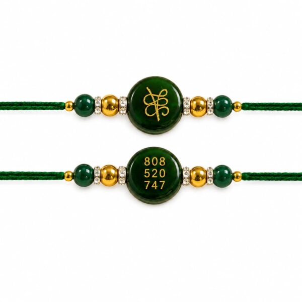 Feng Shui Pyrite Wealth Rakhi for Brother | Engraved Prosperity Symbol & 808 520 741 Wealth Code | Handmade Green Beaded Rakhi | Healing Crystal Raksha Bandhan Gift