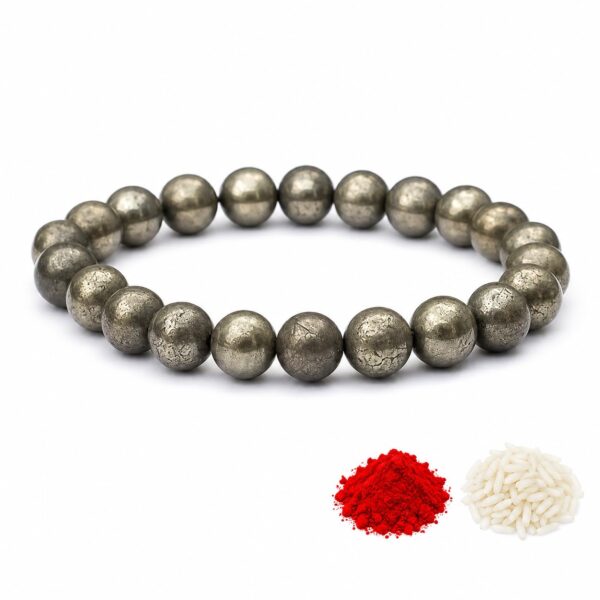 Pyrite Rakhi for Brother/Sister | Natural Pyrite Stone Bracelet Rakhee | Premium Handmade Crystals | Raksha Bandhan Gift | Spiritual Lucky Rakhi | Designer Wealth Inspired | with Roli Chawal, Card, (8mm Beads).
