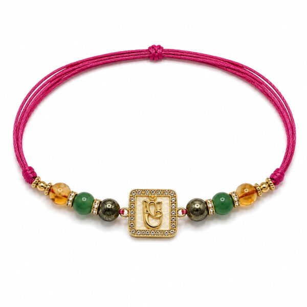 Business Growth Crystal Rakhi for Brother with Ganesha Connector, Natural Pyrite, Green Aventurine and Citrine Gemstone Bracelet, Adjustable Thread, Raksha Bandhan Gift Box with Roli Chawal
