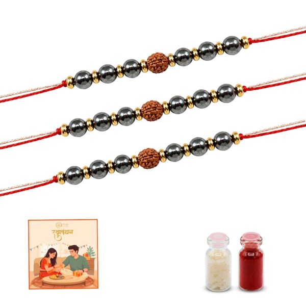Astroyogi Rudraksha Pyrite Rakhi Set of 3 | Designer Spiritual Bracelet for Brother | Brings Protection, Wealth & Positivity | Healing Crystal Stone Rakhi for Brother