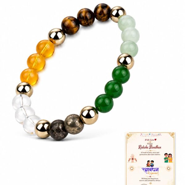 Money Magnet Rakhi for Brother, Sister | Premium Crystal Bracelet with Pyrite, Citrine, TE, Green Aventurine & Clear Quartz | Handmade Raksha Bandhan Gift | Good Luck Rakhee Rakshabhandan with Card