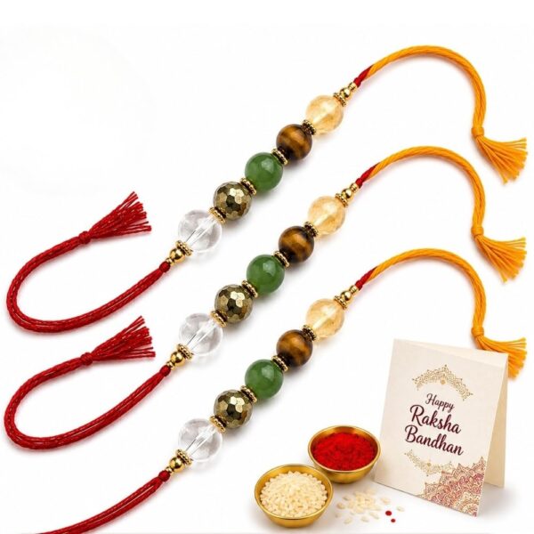 Dhan Yog Rakhi & Pyrite Bracelet Lumba Set for Bhai Bhabhi | Wealth Crystal Rakhi | Raksha Bandhan Gift with Roli Chawal (Set of 3)