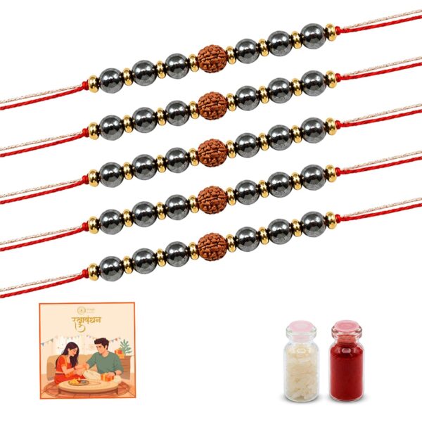 Astroyogi Rudraksha Pyrite Rakhi Set of 5 | Designer Spiritual Bracelet for Brother | Brings Protection, Wealth & Positivity | Healing Crystal Stone Rakhi for Brother