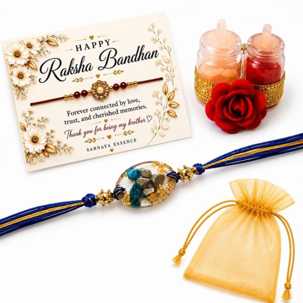Sarnaya Essence Handmade Natural Pyrite Crystal Resin Rakhi for Brother | Navy Blue Thread with Real Dried Flowers & Gold Flakes | Premium Gemstone Rakhi | Handcrafted Raksha Bandhan Gift