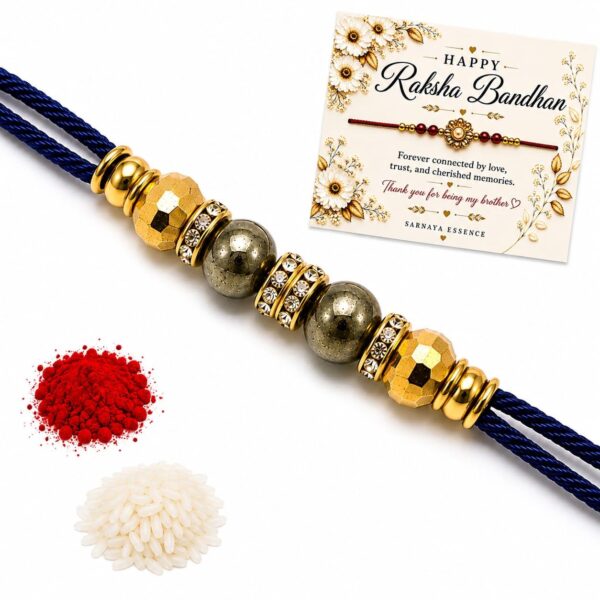 Sarnaya Essence Handmade Natural Pyrite Stone Rakhi for Brother | Navy Blue 2-Strand Silk Thread | Gold Beads & Crystal Spacers | Adjustable Raksha Bandhan Rakhi with Roli Chawal, Greeting Card & Gift Pouch