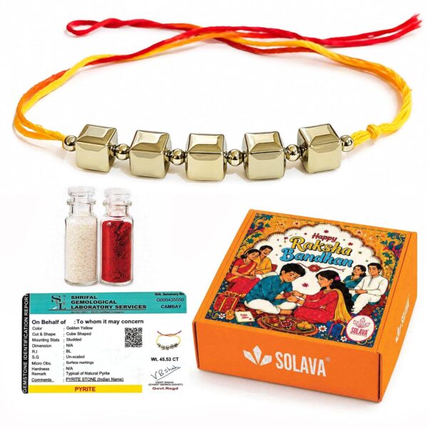 SOLAVA Golden Pyrite Rakhi for Brother and Bhabhi with Lab Certificate – Pyrite Stone Original Certified Rakhis for Rakshabandhan, Money, Good Luck, Protection, Wealth and Healing