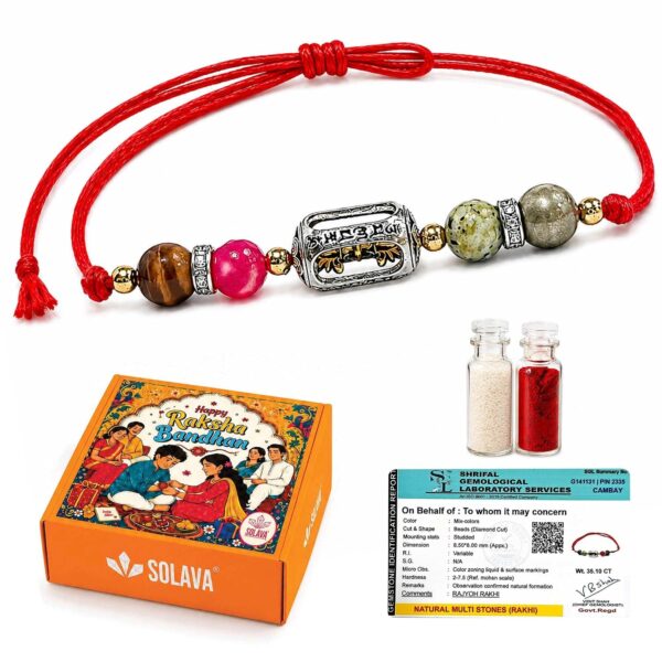 SOLAVA Rajyog Crystal Rakhi for Brother and Bhabhi | Natural Pyrite, Ruby, Serpentine & Tiger Eye | Govt Lab Certified | Symbol of Success, Prosperity & Confidence | Premium Rakhi with Roli Chawal
