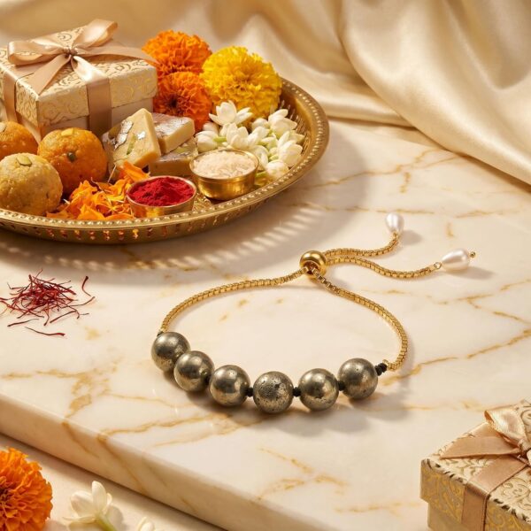 Raw Pyrite Rakhi Combo for Brother & Bhabhi with Roli Chawal Tilak Pack, Gold-Tone Adjustable Bracelet Lumba Set, Natural Healing Crystal Stone Pair, Premium Rakshabandhan Gift