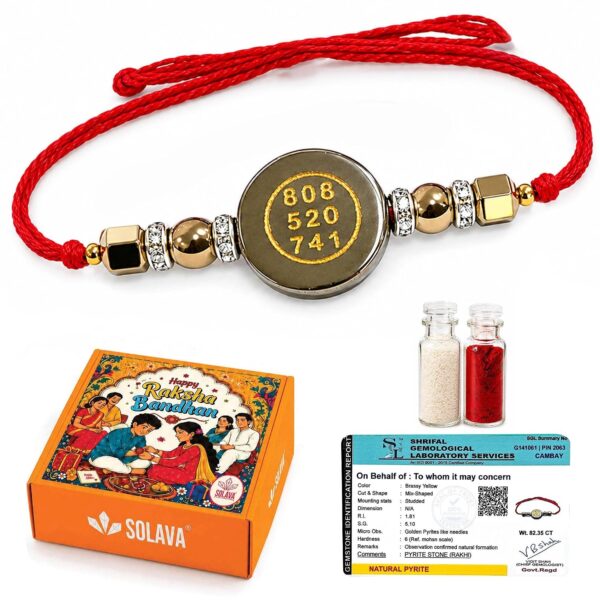 SOLAVA Premium Pyrite Crystal Rakhi with Zibu Coin | Govt Lab Certified | Symbol of Prosperity & Good Fortune | Adjustable Rakhi for Brother and bhabhi | Raksha Bandhan Gift Box with Roli Chawal