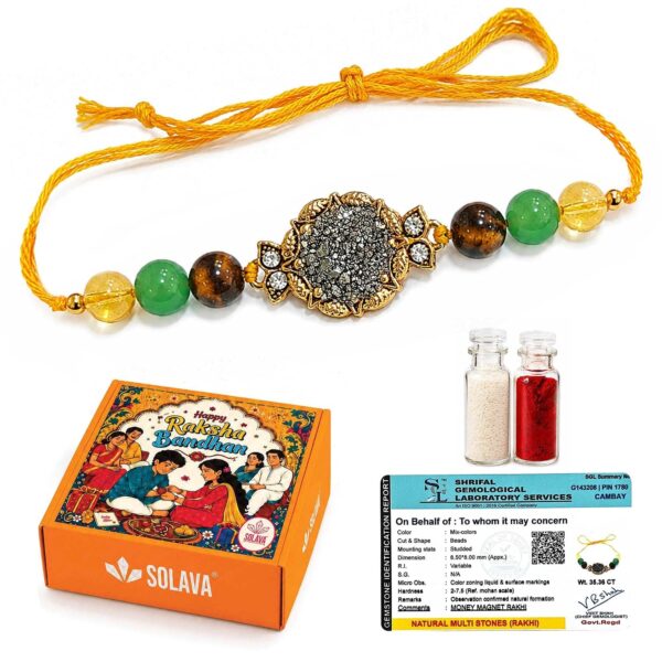 SOLAVA Rakhi - Money Magnet Crystal Rakhi for Brother and Bhabhi | Tiger Eye, Citrine, Green Aventurine & Raw Pyrite | Govt Lab Certified | Premium Raksha Bandhan Gift Box with Roli Chawal