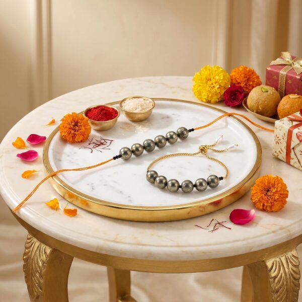 Raw Pyrite Rakhi Combo for Brother & Bhabhi with Roli Chawal Tilak Pack, Gold-Tone Adjustable Bracelet Lumba Set, Natural Healing Crystal Stone Pair, Premium Rakshabandhan Gift
