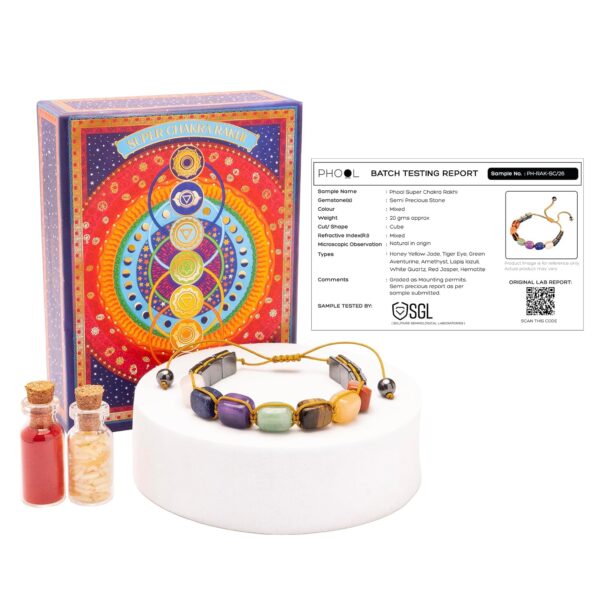 Phool Super Chakra Rakhi for Brother with Pyrite Stone | 7 Chakra Healing Crystal rakhi Bracelet | Lab Certified | Sacred Gemstone Beads with Roli Chawal | Adjustable Raksha Bandhan Rakhi Gift for Bhai