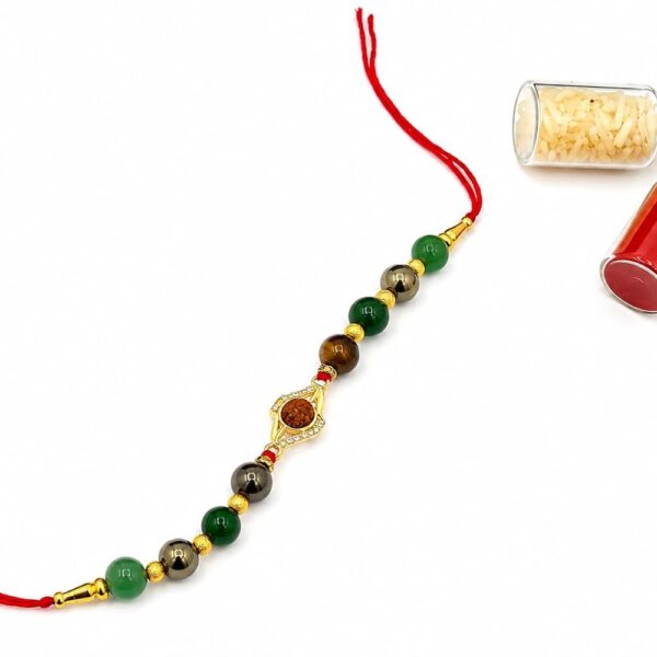 Dhanyog Crystal Rakhi – Pyrite, Tiger Eye & Green Aventurine Bracelet Rakhi for Brother
