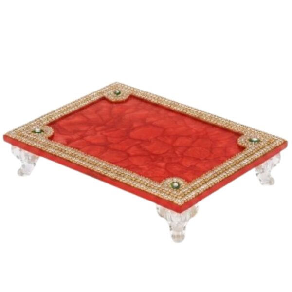 Prokart - Decorative Pooja Chowki for God Idol | Mini Asan with Kundan Stone & Golden Bead Work | Acrylic Mandir Chowki for Puja, Diwali, Navratri, Ganesh Chaturthi & Home Temple Decor (3X2, Red)