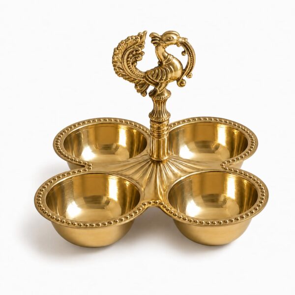 Pure Brass Peacock Kankavati Panchpala | Chowmukh Choupala Chopala Chokra 4 Bowl for Pooja | Haldi Kumkum Holder Set | Home Temple, Festival Decor & Gift Item | Medium 3.5 Inch, 160 g