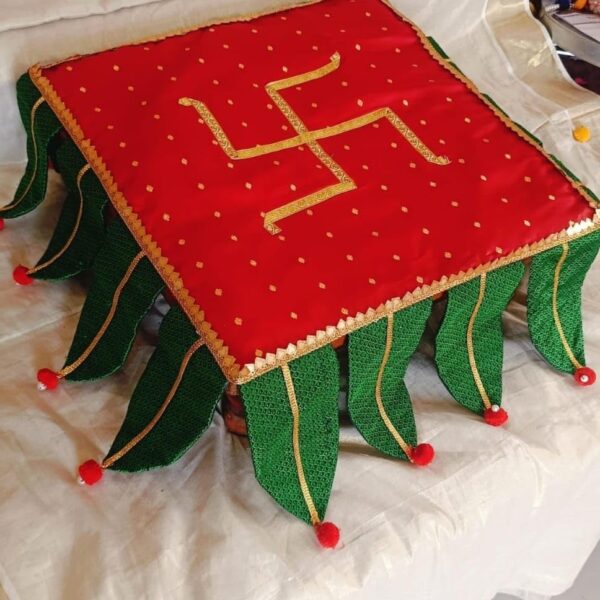 Traditional Chaurnag Cover 16 Inch | Red & Green with Gold Trim | Decorative Pooja Cloth for Festivals, Mandir & Ritual Use